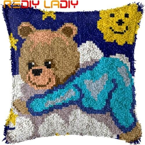 Latch Hook Cushion Blue Bear Cartoon Pillow Case Printed Color Canvas Acrylic Yarn Latched Pillow Crochet Cushion Cover Crafts
