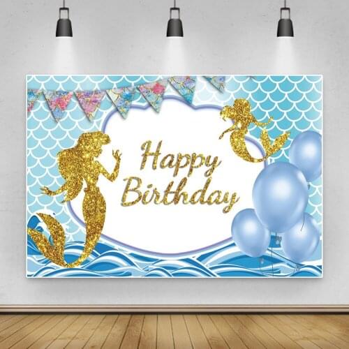 Laeacco Mermaid Theme Blue Balloon Glod Shiny Polka Dot Backdrop Photographic Background For Photo Studio Photophone Photocall