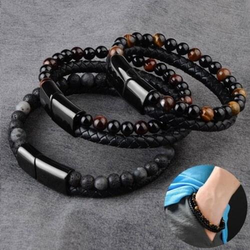 6MM Natural Stone Men Charm Bracelet Black Genuine Leather Magnetic Buckle Bangle 19cm Male Hologram Bracelets Jewelry