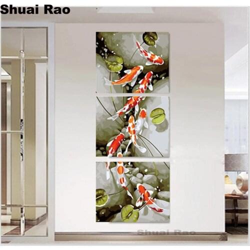 3 pcs 5d diy diamond painting full square round drill Fish and lotus diamond embroidery mosaic modern triptych home decoration