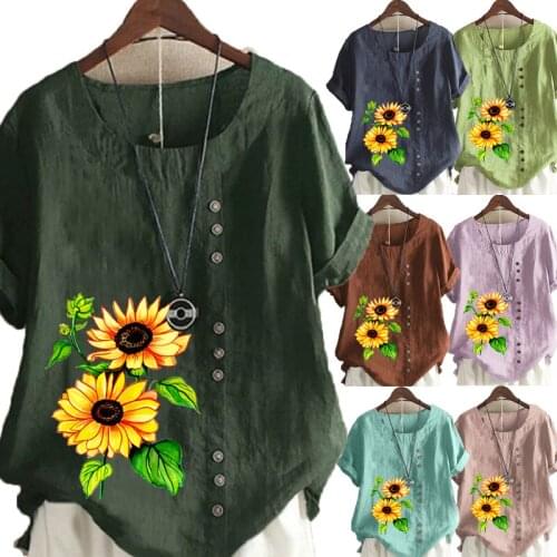 New Summer Ladies Casual Sunflowers Print Loose T-shirt Retro Round Neck Plus Size Short Sleeve Top S-5XL