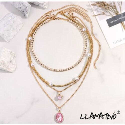 2021 New Multi-layer Pink Heart Crystal Tennis Chain Necklace For Women Girls Pearl Golden Beaded Choker Necklaces Trend Jewelry