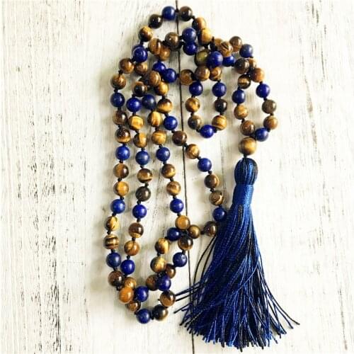 108 Mala Beads Necklace Tiger Eye & Lapis Lazuli Knotted Tassel Necklace Long Necklaces Yoga Jewelry Meditation Jewelry