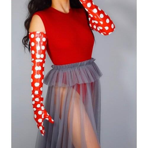 Womens runway fashion dot print PU leather glove ladys club performance party leather long slim glove 70cm R3250