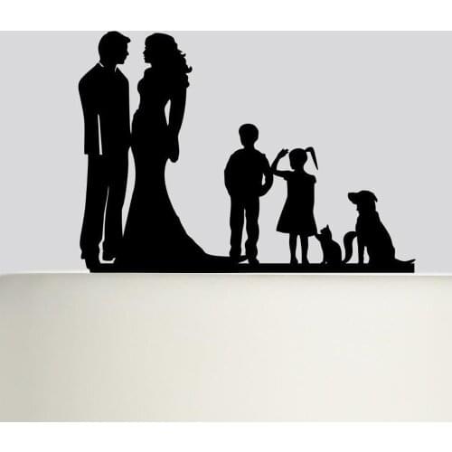 Wedding Cake Topper ,Bride and Groom with boy and girl Dog and cat silhouette Topper,Commemorate Wedding Cake Topper Decoration