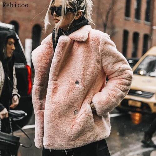 Thick Faux Fur Winter Jacket And Coats Women Solid Slim Fit Warm Ladies Fur Coats Fake Rabbit Fur Coat Overcoat