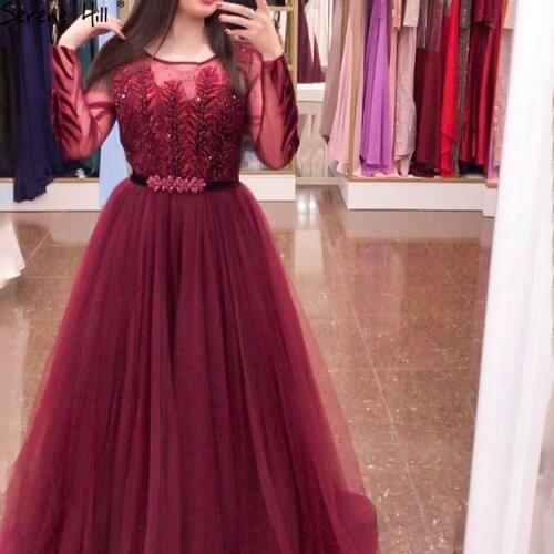 Serene Hill Burgundy A-Line Tulle Design Evening Dress Long Sleeves Crystal Luxury Formal Party Wear Gown 2020 CLA70280