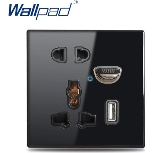Wallpad L6 5 Holes Universal EU UK Switched Wall Socket 2.1A Double USB Charging Port LED Indicator Black Tempered Glass Panel