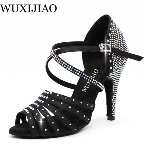 WUXIJIAO New bronze black satin Latin dance shoes ladies salsa rhinestone shoes dance ladies ballroom dance shoes heel 5cm-10cm
