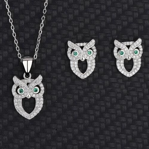 S925 Sterling Silver Animal Owl Necklace Womens Trendy Fashion Pendant Earrings Jewelry Two-piece Set