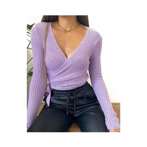 Womens Pullover Purple Long-sleeved V-neck Lace-up Sweater Bottoming Shirt Ladies Strip Sexy All-match Solid Color Top Crop 3XL