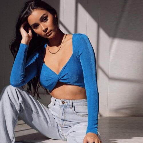 Womens 2021 Summer New Sexy V-neck Solid Color Slim Long Sleeve Top Womens Clothing