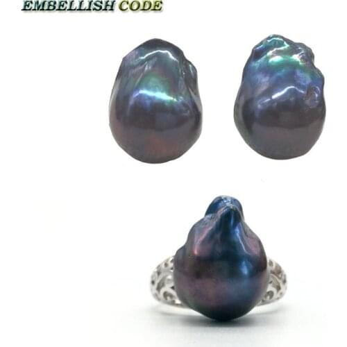 Resize baroque pearls 925 silver Ring black blue colourful Lustrous stud earring set flameball for women cultured pearl rings