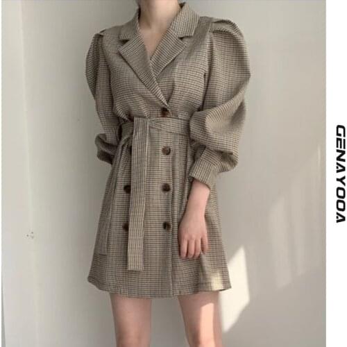 Genayooa Office Lady Mini Dress Plaid Puff Sleeve Blazer Dress Women With Belt Spring Autumn Party Dress Vestido Ladies Korean