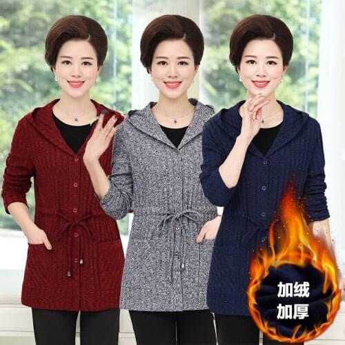Middle-aged Women Coat Hooded Knitted Jacket Mid-Long 5XL Plus Size Drawstring Single-breasted Outerwear Mother Sweaters Tops