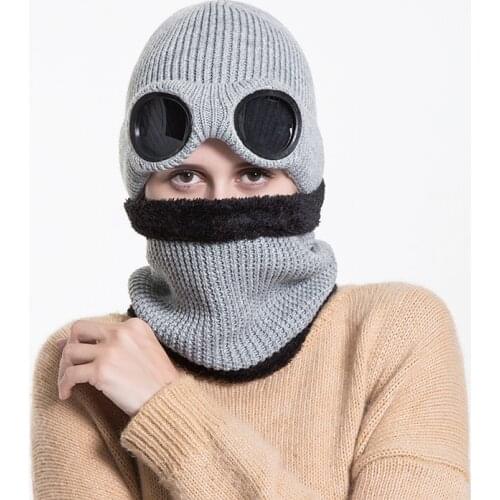 2019 Winter women wool hat scarf outdoor cycling windproof earmuffs mens warm hat with windproof glasses plus velvet thick hat