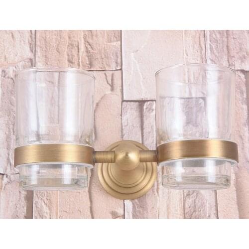 Antique Brass Double Toothbrush Holder With Glass Cup Wall Mounted Bathroom Accessories aba737