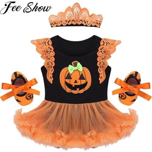 Infant Baby Girls Halloween Costumes Flutter Sleeves Glittery Rhinestone/Applique Pumpkin Tutu Romper with Headband Shoes Set