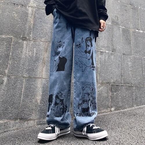 New Jeans Women Cartoon Anime Print Streetwear Jeans Vintage Washed Jeans Harajuku Fashion Man Jeans Loose Wide Leg Pants Cotton