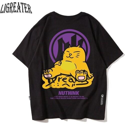New Summer Cotton T-shirt Cartoon Cat Short Sleeve Tshirt Harajuku Hip Hop T shirt Oversize Trendy Fat Guy Half Sleeve Tops Tees