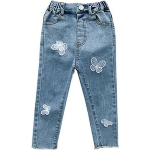 Girls Blue Denim Trousers Children Jeans Skinny Butterfly Pattern Spring Autumn Casual School Kids Boutique Clothes