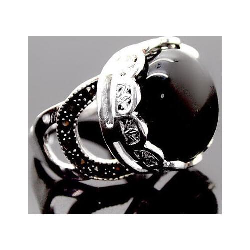 Wholesale good 11*24mm 925 Sterling Silver Natural Black stone Gems Marcasite Ring Size 7/8/9/10