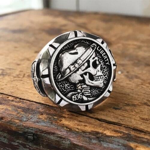 Mexican Hobo Nickel Skull Biker Ring Mens Indian Style Coin Stainless Steel Ring Punk Jewelry
