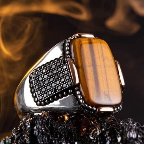 925 Sterling Silver Mini Stone Engraved Brown Tigereye Stone Mens Ring Rectangular Exclusive Ring for Men