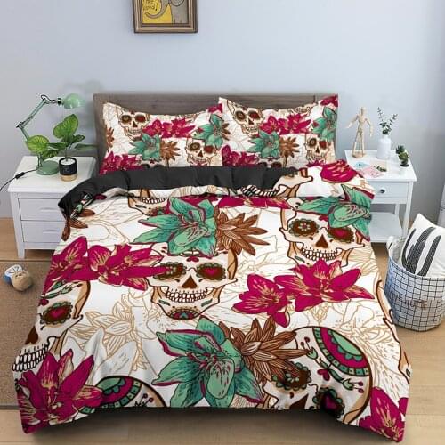 Retro Painting Rose Skull Bedding Sets Halloween Gift Queen/King Size Duvet Cover Set And Pillowcase Bed Linen