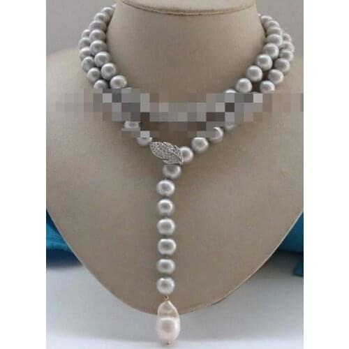 Jewelry 34" Natural 9-10mm gray Round Pearl Necklace Reborn pearl pendant 925 silver