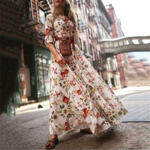 2019 Boho Summer Dress Women Print Floral Lady Maxi Beach Dress Sundress Casual Long Sleeve Office Wears Party Dress Female