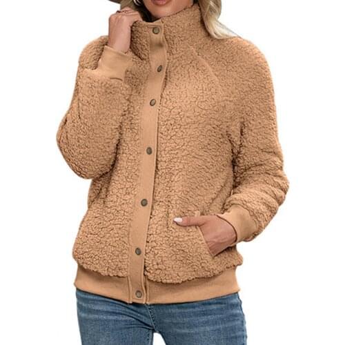 Dropshipping!! Buttons Closure Side Pockets Fleece Jacket Women Stand Collar Warm Cardigan Jacket Outerwear