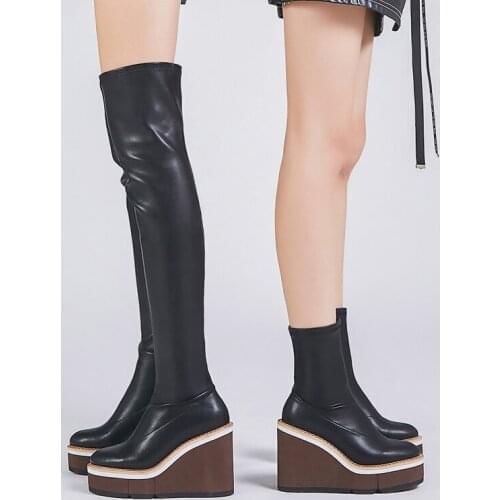 Over The Knee Boots Womens Shoes 2021 New Autumn Winter Elastic Boots Wedges Height Increasing Platform Boots Botas Femininas