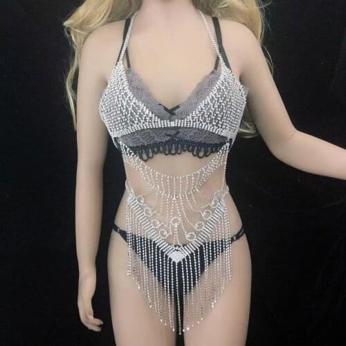 Sexy bikini shiny Rhinestone Jewelry full body chain crystal bra set tassel Rhinestone bodysuit womens jewelry box gift