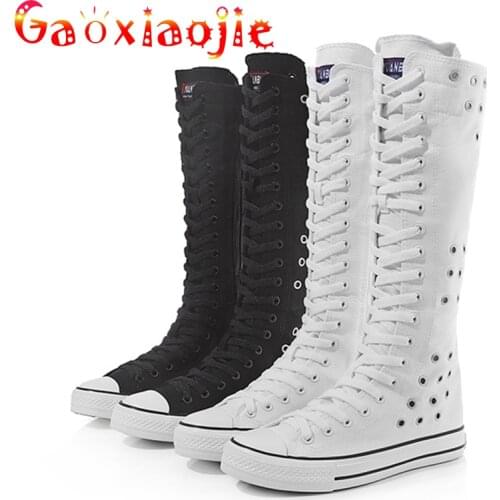 Fashion Casual High Top High Tube Boots Women 2021 Autumn Breathable Hollow Side Zipper lace-up Dance Shoes lady Canvas Shoes