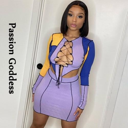 Sexy Women 2 Piece Patchwork Skirt Sets Long Sleeve Lace Up Bandage Crop Shirt High Waist Bodycon Skirts Two Piece Party Outfits