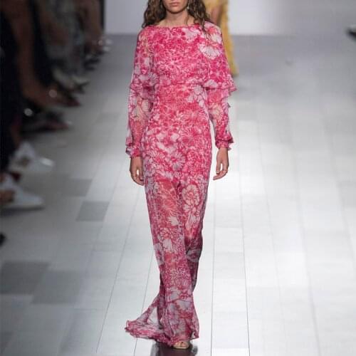 Vintage Runway Designers Pink Floral Printed Long Dresses for Women 2021 Spring Autumn Elegant Ruffles Long Sleeve Maxi Dress