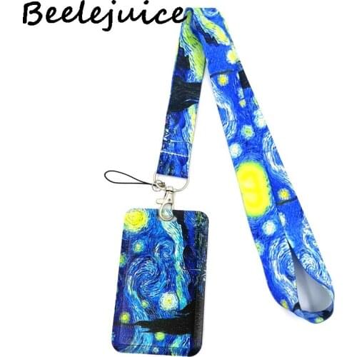 12sets Van gogh Oil painting Starry Sky Lanyard Badge Holder ID Card Lanyards Mobile Phone Rope Key Lanyard Neck Straps Keychain