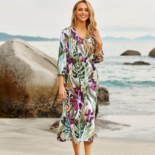 2020 Multicolored Bikini Cover-ups Sexy V-neck Long Sleeve Boho Summer Beach Dress Plus Size Beachwear Swimsuit Cover Up Q1213