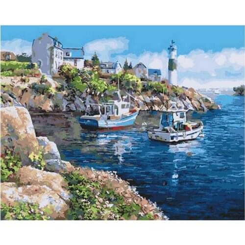 Frameless picture oil painting by numbers wall decor diy painting on canvas for home decor 4050 bay with boat