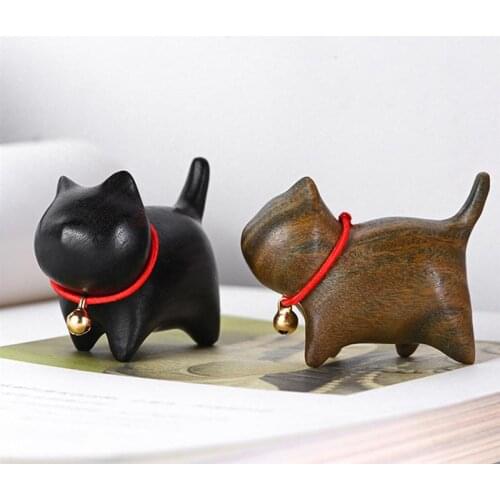 Wooden Carving Craft Cat Pen Holder Figure Doll Kawaii Animal Handmade Collection Toy Desktop Adornment