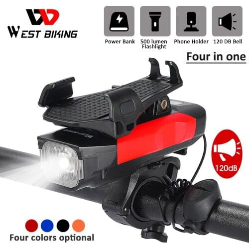 WEST BIKING USB Rechargeable Bike Light Bicycle Horn Bell Power Bank Phone Holder Multifunctional LED Lamp Cycling Accessories