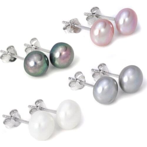 Hot 925 Sterling Silver 8-8.5mm Real Freshwater Pearl white Grey Black purple Natural stud Earrings for 1 pair