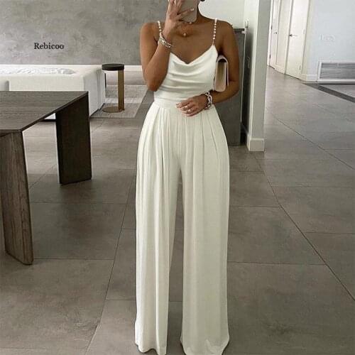 Sexy Women One Shoulder Solid Jumpsuit Spring Elegant Wide Leg Pants Playsuit Summer Sleeveless Loose Beach Overalls Romper