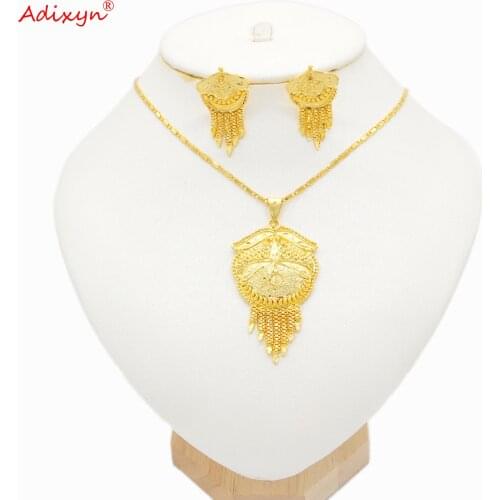 Adixyn India Jewelry Set Chokers Necklace Gold Color/Copper Tassel Earrings Pendant for Woman Dubai/Ethiopian Party Gifts N08286