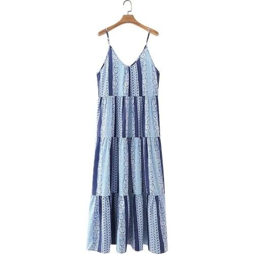 Summer Women Tiered Ruffle Splicing Striped Suspender Midi Dress Female Sleeveless Clothes Casual Lady Loose Vestido D7518