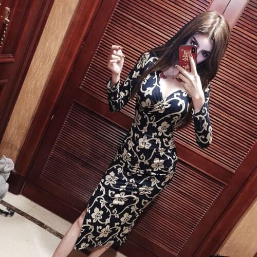 Mazefeng 2020 New Sexy Knee-Length Party Dresses Chinese Style v-neck Solid Split Long Sleeve Autumn Elegant Package hip Dress