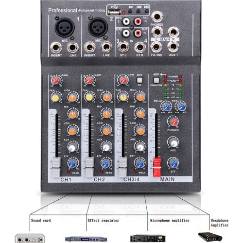 Mini Audio Mixer with USB DJ Sound Mixing Console 4 Channel 48V Amplifier For Karaoke KTV Party MC889