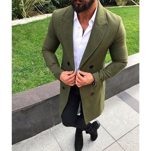 Fashionable Mens Wool Blended Coat Men Autumn Winter Double Breasted Warm Coat Solid Color High Quality Long Coat