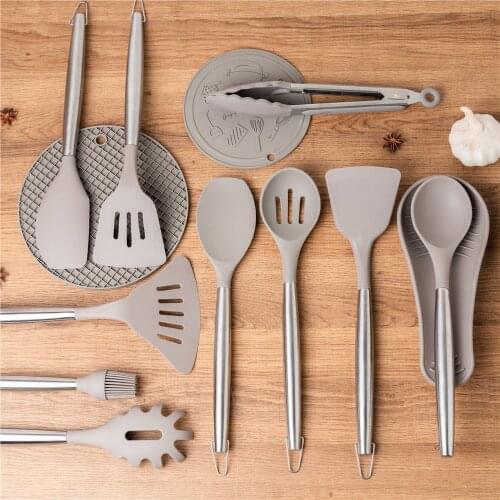 Cooking Utensils Set 11 Pcs High Quality Stainless Steel Silicone Utensils for Kitchen Non-stick Spatula Kitchenware Warm Gray